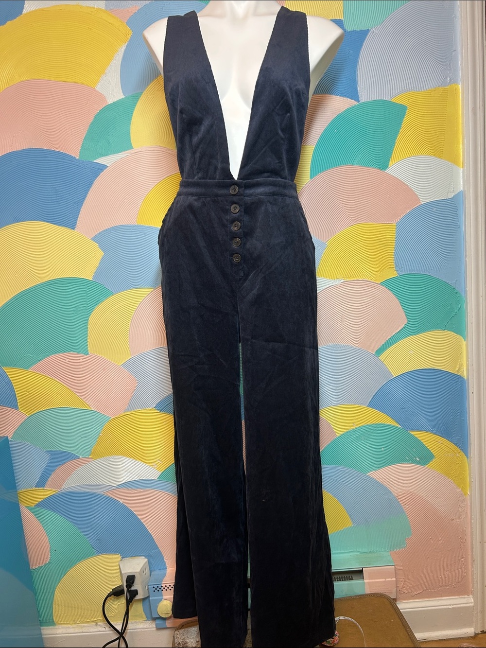 Lush Deep V-Neck Navy Corduroy Velvet Button Front Jumpsuit sz M